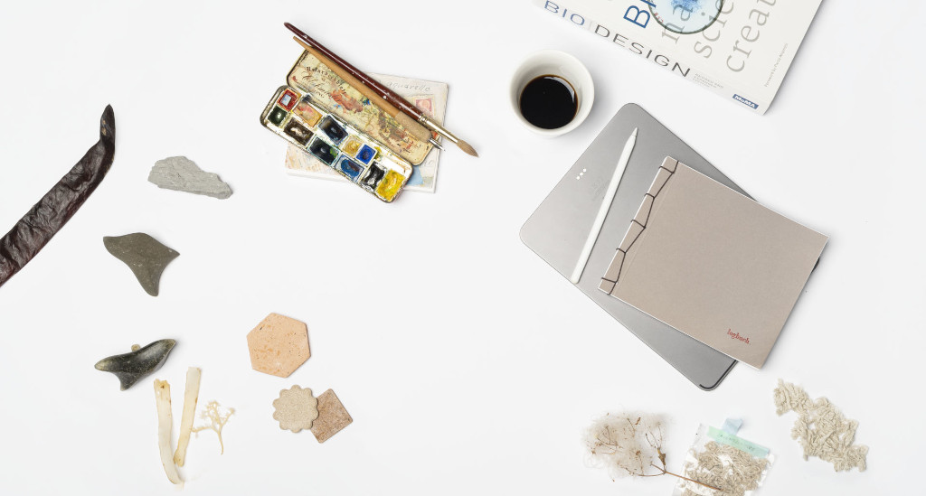 A collection of various materials like seeds and stones, laid out on a white background, together with tools that are commonly used for the creation of digital and analog sketches.