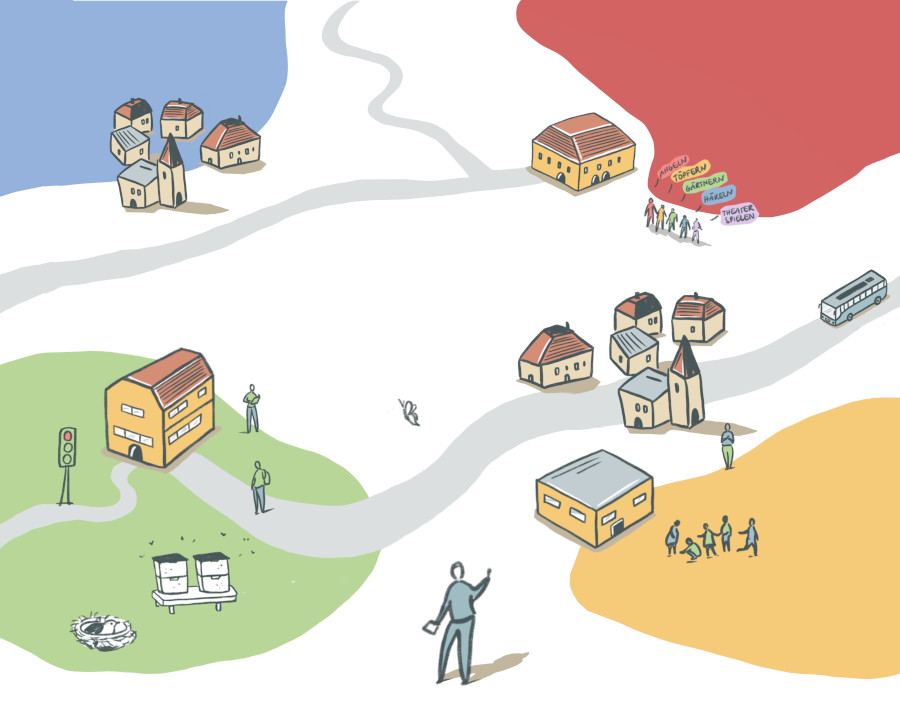 A colorful illustration that shows groups of people that are near several public buildings.